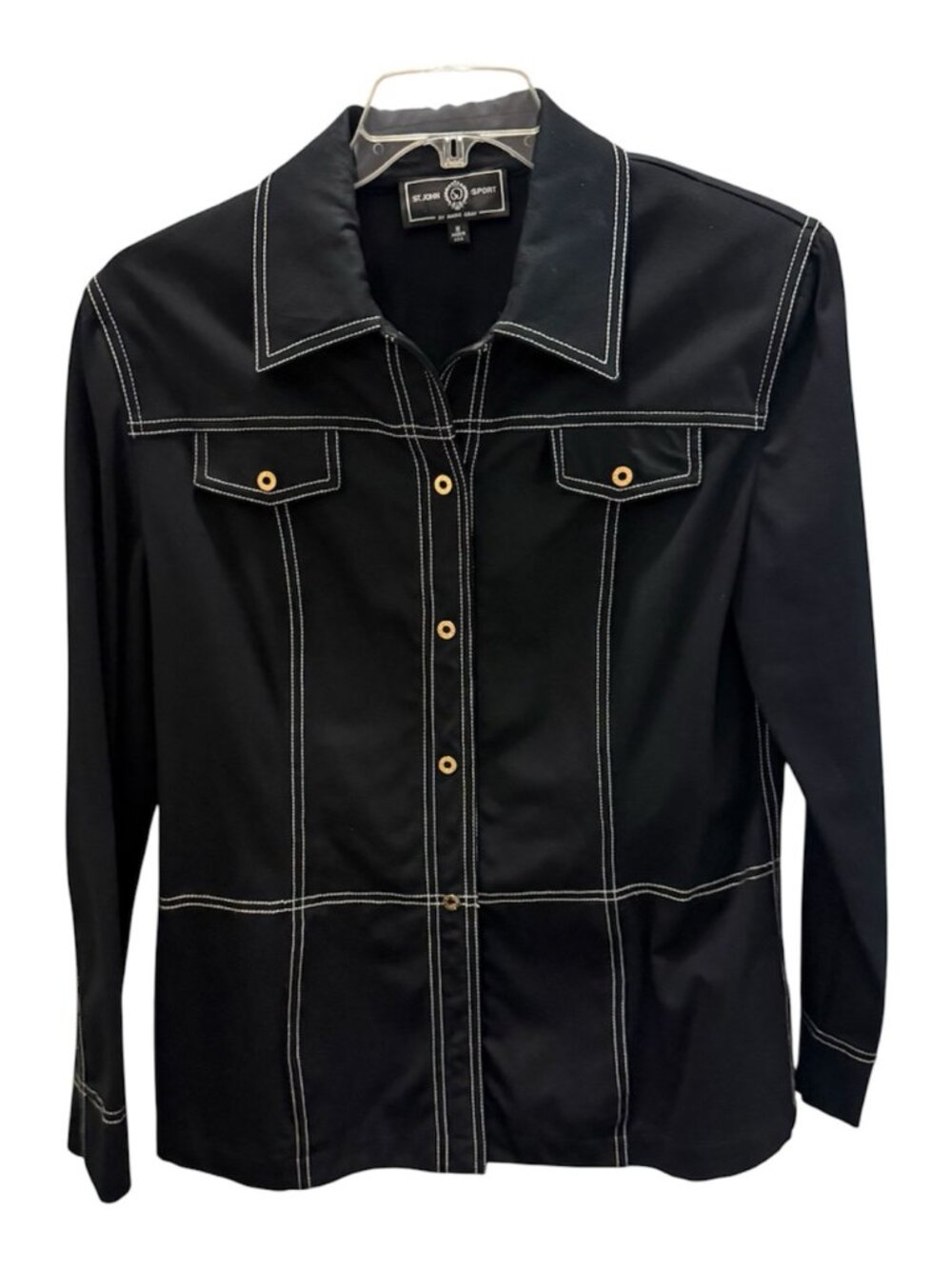 St. John Sport Utility Jacket Black Contrast Stitching Gold Buttons Size M